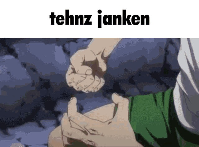 a person holding another person 's hand with tehnz janken written on the top