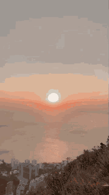a painting of a sunset with the sun shining through a hole in the sky