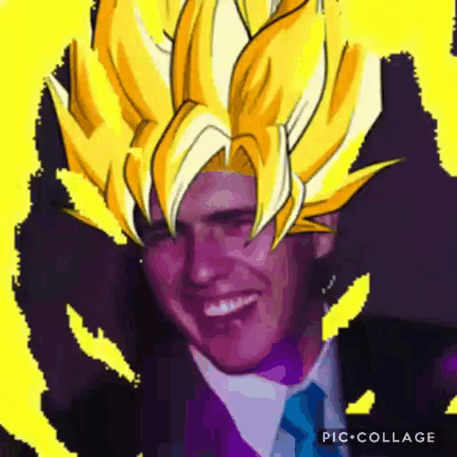 a man in a suit and tie with a cartoon character 's hair on his head .