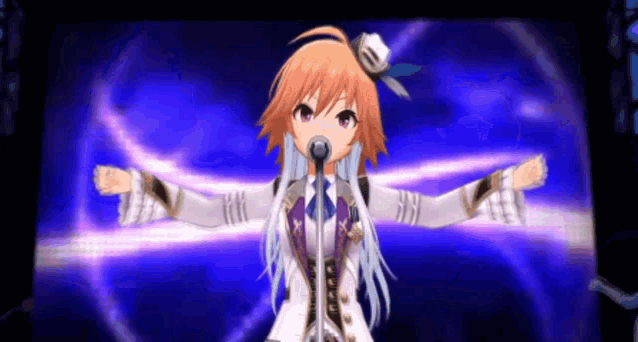 a girl is singing into a microphone with her arms outstretched on a stage .
