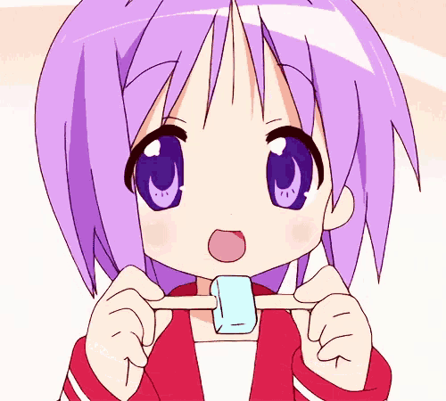a girl with purple hair is holding a blue object