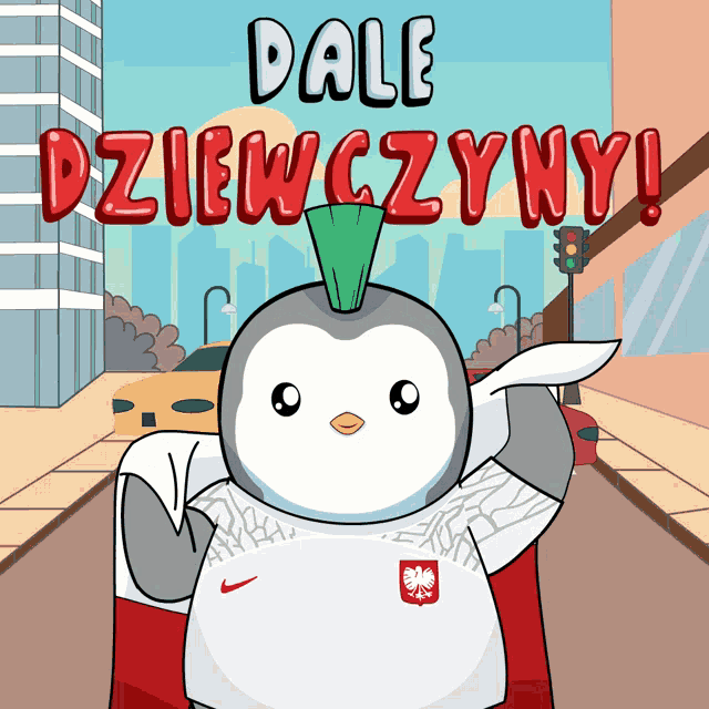 a cartoon of a penguin with a mohawk and the words dale dziewczyny
