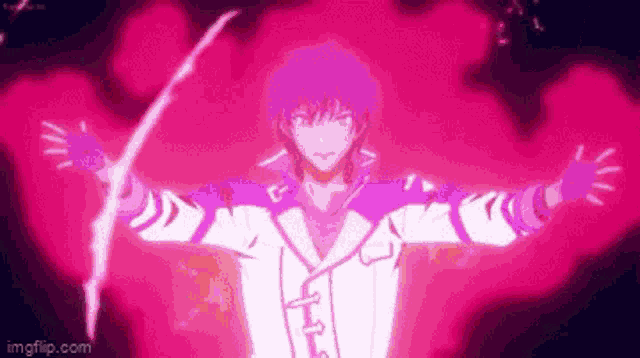 a man with purple hair and a white jacket is holding a sword in his hand .