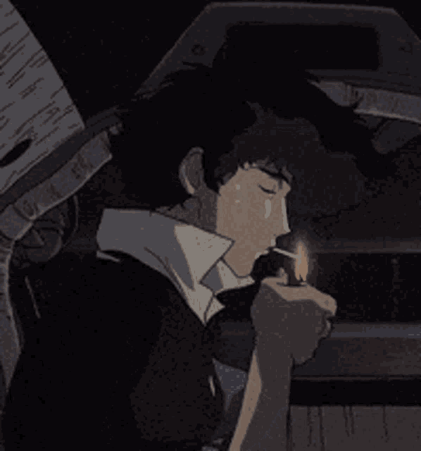 cowboy bebop smoking a cigarette in a car with his eyes closed