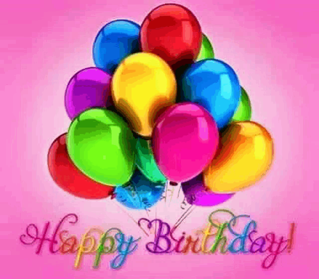 a bunch of colorful balloons on a pink background with the words `` happy birthday '' written on it .