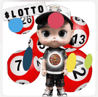 a baby doll is surrounded by lottery balls and a sign that says lotto on it
