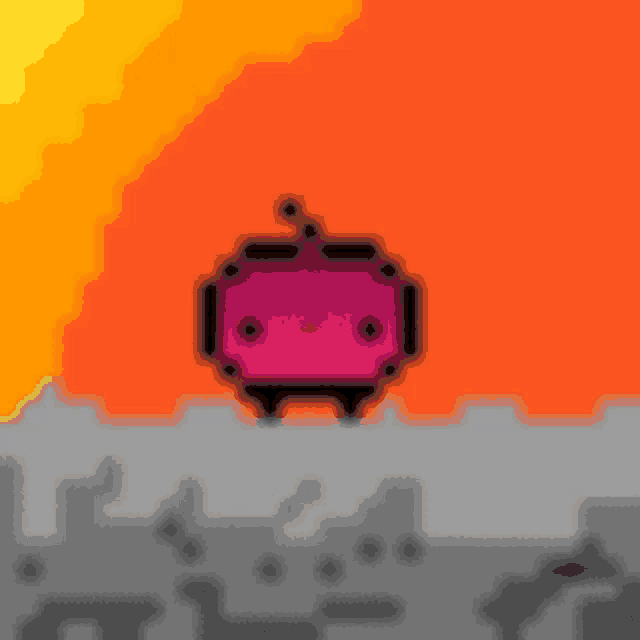 a pixel art drawing of a purple robot standing on top of a cliff .