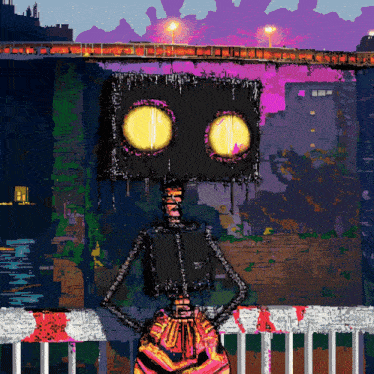a painting of a robot with two yellow eyes standing on a fence