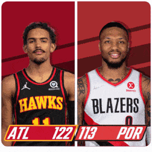 two basketball players from the hawks and the blazers are standing next to each other