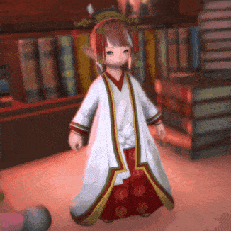 a girl in a white and red kimono stands in front of stacks of books