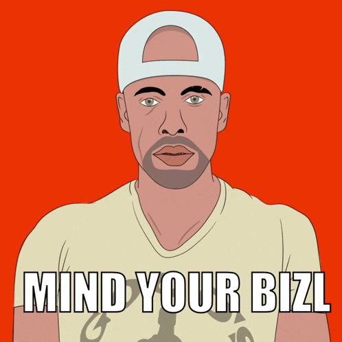 a cartoon of a man with the words mind your bizl written below him