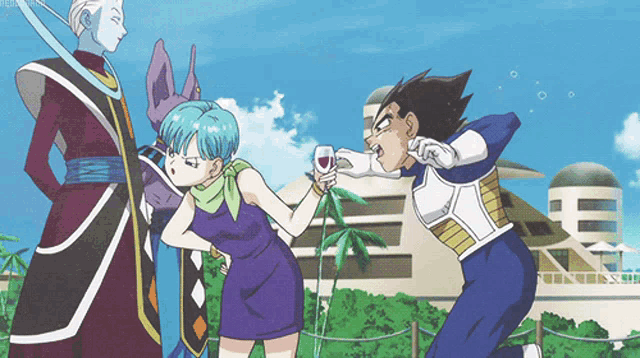 a woman in a purple dress is standing next to a man in a blue armor