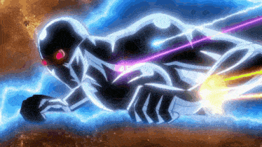 a person in a superhero costume is being hit by a lightning bolt