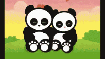 two panda bears are sitting next to each other on a grassy field .