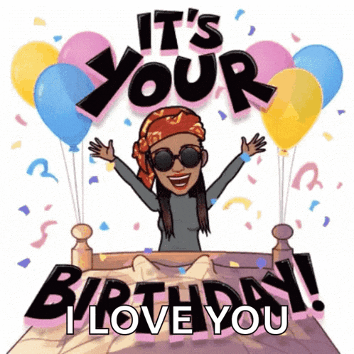a cartoon of a woman laying on a bed with balloons saying it 's your birthday