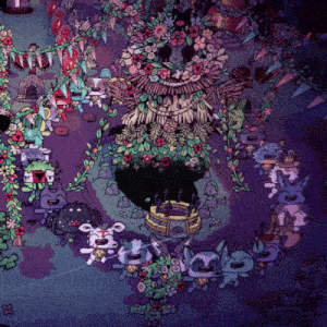 a purple background with a bunch of cartoon characters and flowers on it