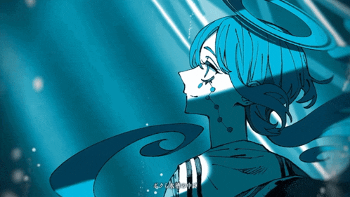 a blue and white drawing of a girl with chinese writing on the bottom