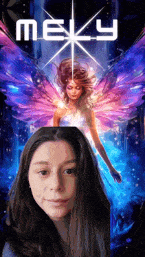 a girl is standing in front of a picture of a fairy with the word meky on it