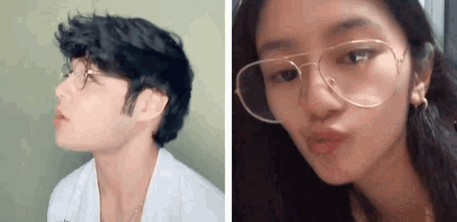 a man and a woman wearing glasses and making a face .