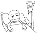 a drawing of a person laying in a hospital bed with an iv .