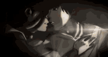 a man and a woman are kissing in a black and white drawing .