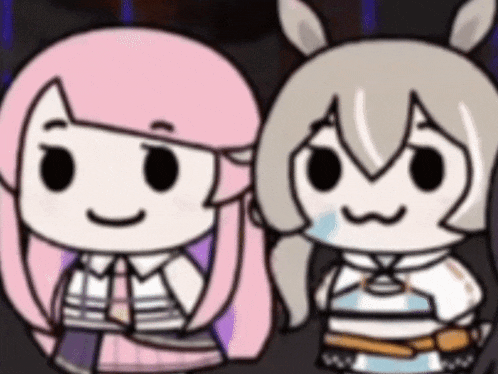 a couple of cartoon characters are standing next to each other and smiling .