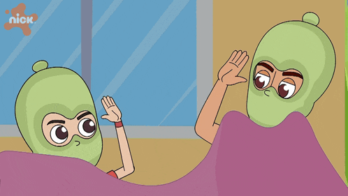 a cartoon of two masked people giving each other a high five with a nick logo behind them