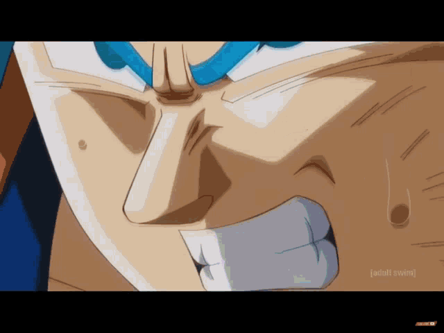 a close up of a cartoon character 's face with the words adult swim on the bottom