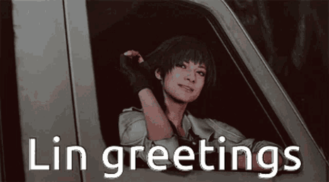 a picture of a woman in a car with the words lin greetings written below her