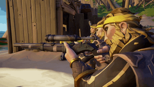 a man holding a sniper rifle with a skull and crossbones on it
