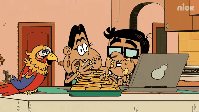 a cartoon of a man and woman eating pancakes next to a laptop with a pear logo