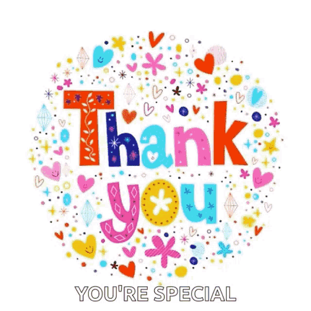 a thank you card with flowers , hearts , stars and leaves in a circle .