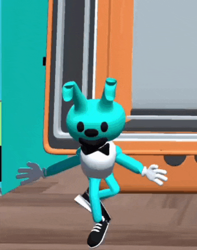 a blue stuffed animal with a bow tie is dancing in front of a television .