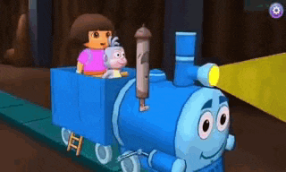 dora the explorer is riding a blue train with a monkey and a stuffed animal .