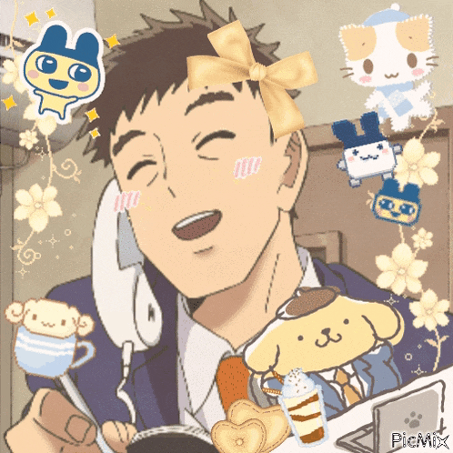 a cartoon of a man talking on a phone with a pompompurin dog