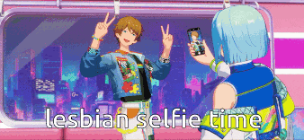 two anime characters taking a selfie with the words lesbian selfie time