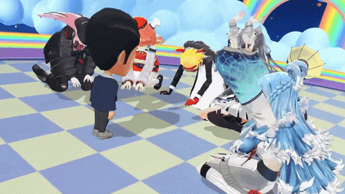 a man stands in front of a group of cartoon characters on a checkered floor