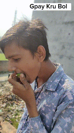 a man in a blue shirt eating a cucumber with the words gpay kru bol above him