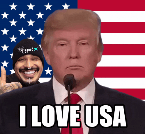 a picture of donald trump with the words i love usa written below him