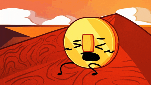 a cartoon drawing of a coin with a face and arms
