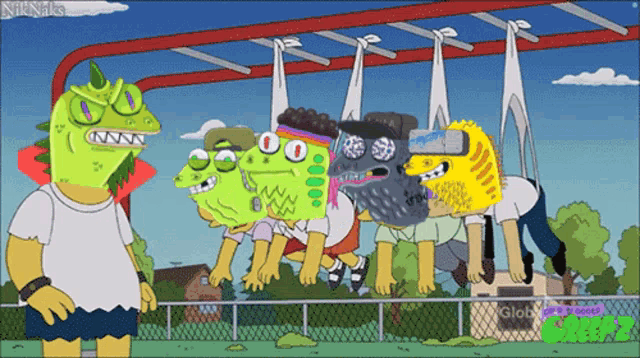 a group of cartoon characters are hanging upside down on a monkey bars with a globe logo in the background