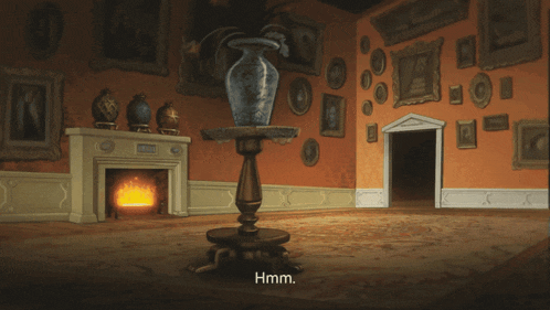 a room with a fireplace and a vase on a stand