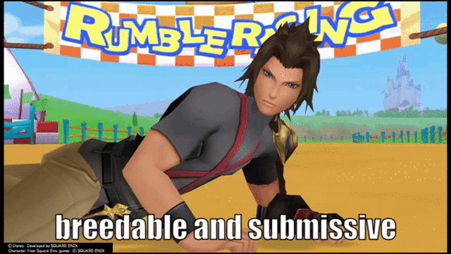 a picture of a video game character with the words " breedable and submissive " on the bottom