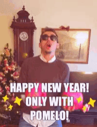 a man wearing sunglasses is holding a pink balloon with the words happy new year only with pomelo on it