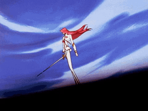 a woman with red hair is holding a sword in front of a cloudy sky .