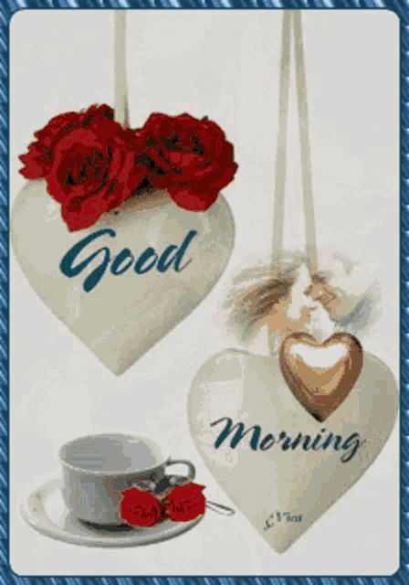 a picture of a cup of coffee and two hearts that say good morning