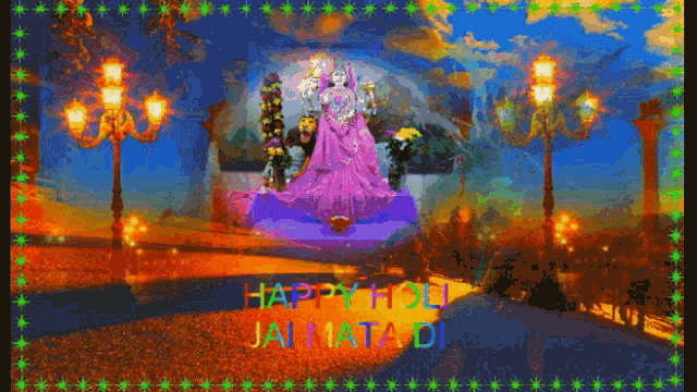 a happy holi greeting card with a statue of a woman