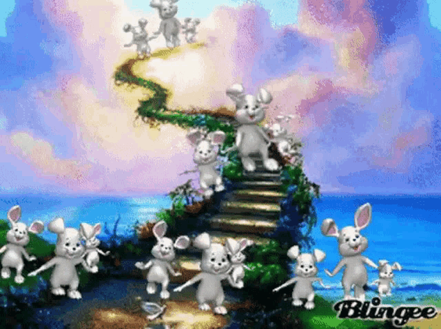 a bunch of rabbits are standing on a staircase with the word blingee in the corner
