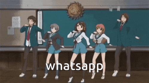 a group of anime characters are dancing in front of a blackboard with the word whatsapp written above them