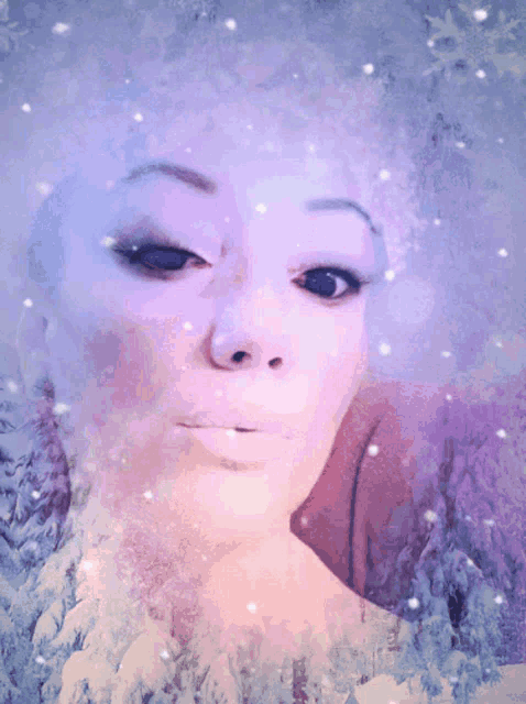 a painting of a woman 's face with snow falling